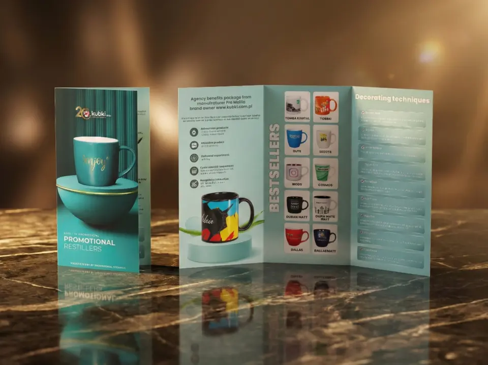 Składana ulotka producenta kubków reklamowych z bestsellerami