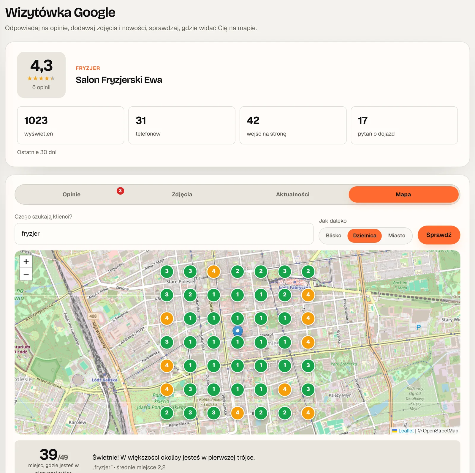 Panel klienta: mapa z siatką 49 punktów pokazujących pozycję firmy w Mapach Google
