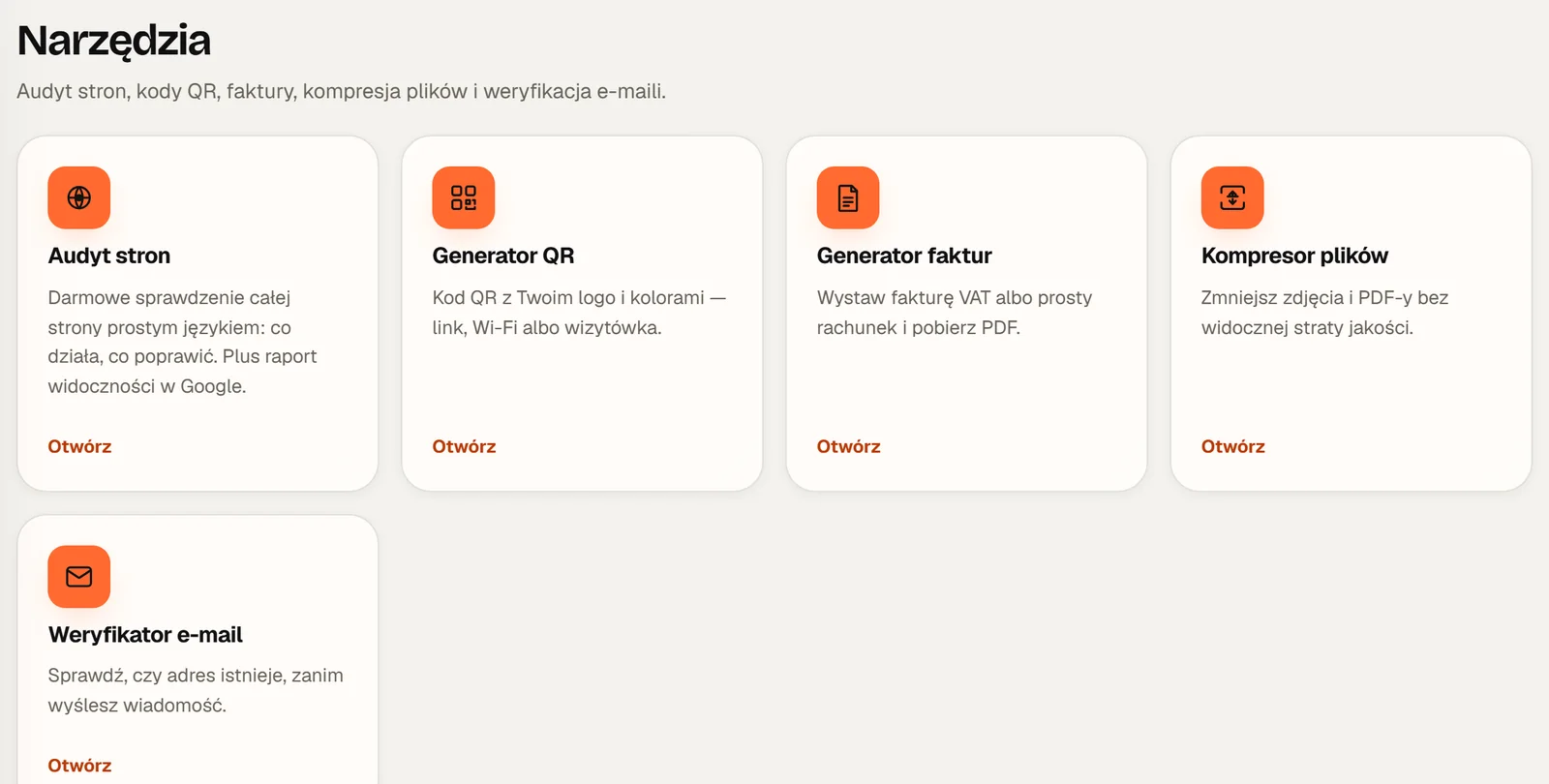 Panel klienta: siatka narzędzi, czyli audyt stron, generator QR, generator faktur, kompresor plików i weryfikator e-mail