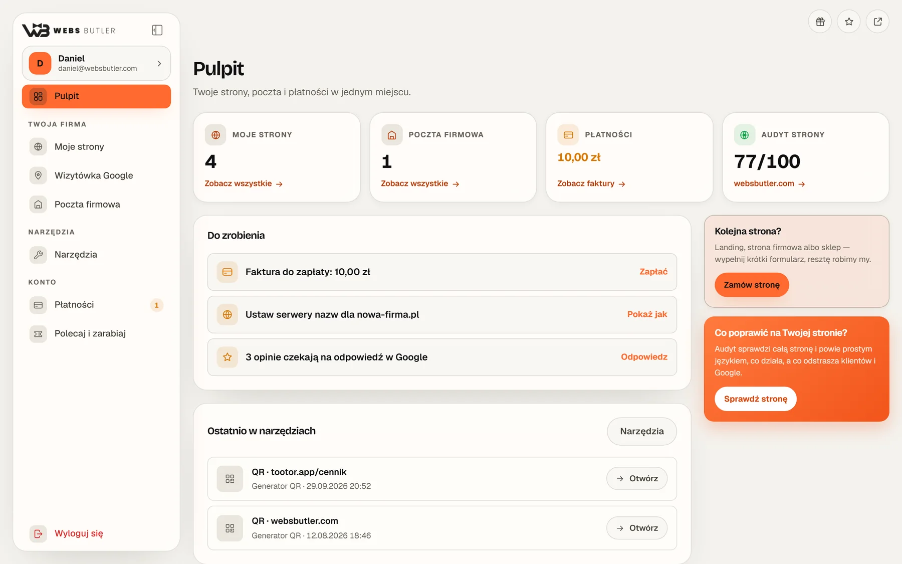 Panel klienta Webs Butler, Pulpit: liczba stron, poczta, płatności, wynik audytu i lista rzeczy do zrobienia