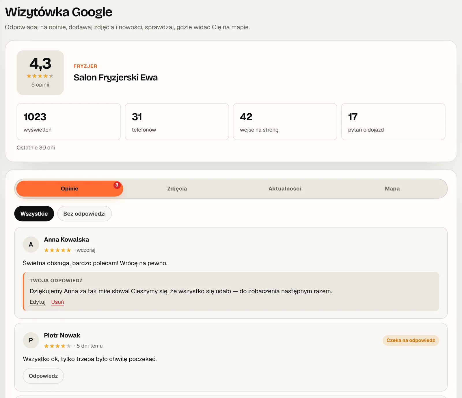 Panel klienta, Wizytówka Google: ocena, statystyki z 30 dni i lista opinii z odpowiedziami