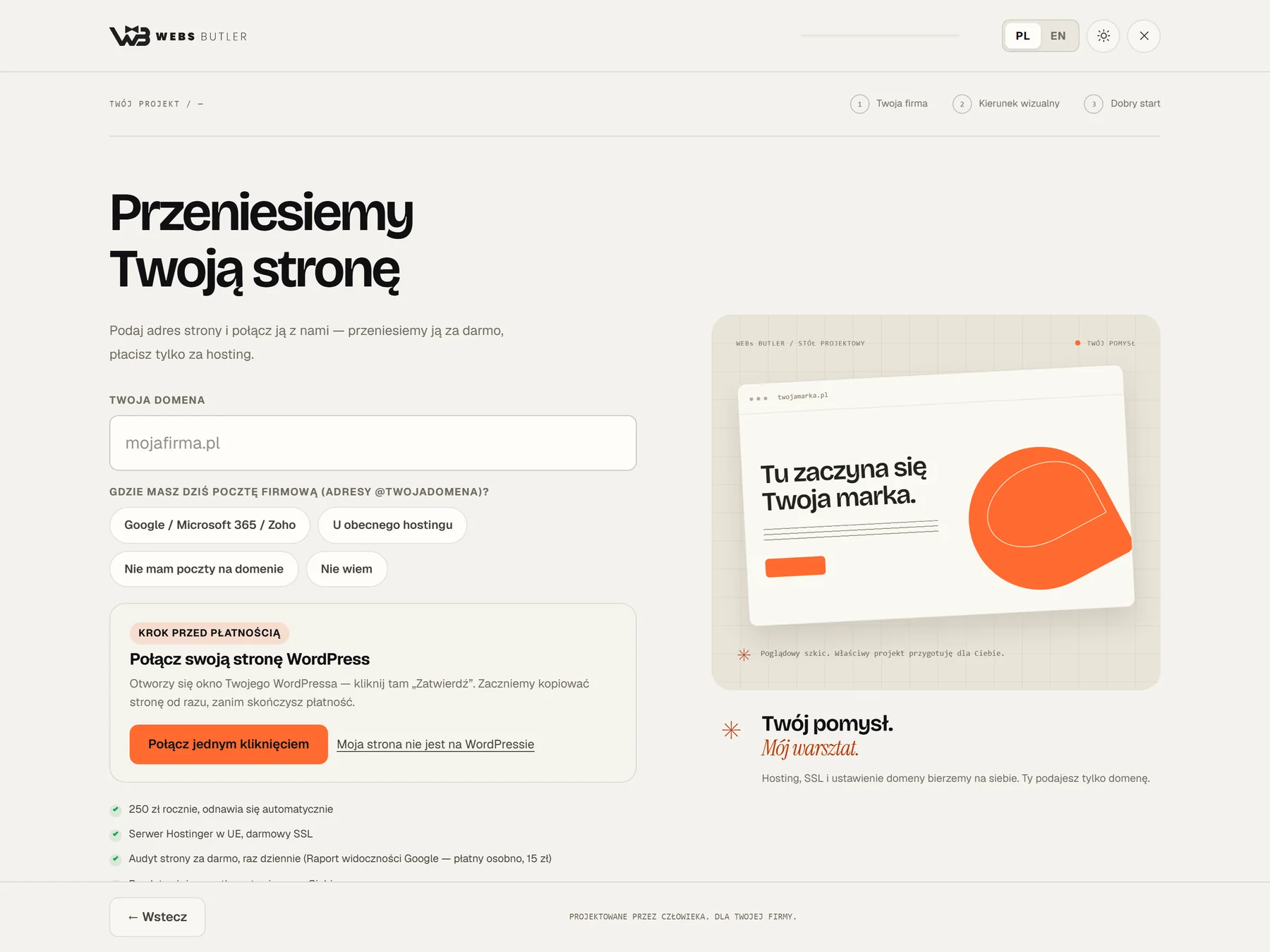 Formularz przeniesienia strony: domena, poczta i krok „Połącz swoją stronę WordPress”